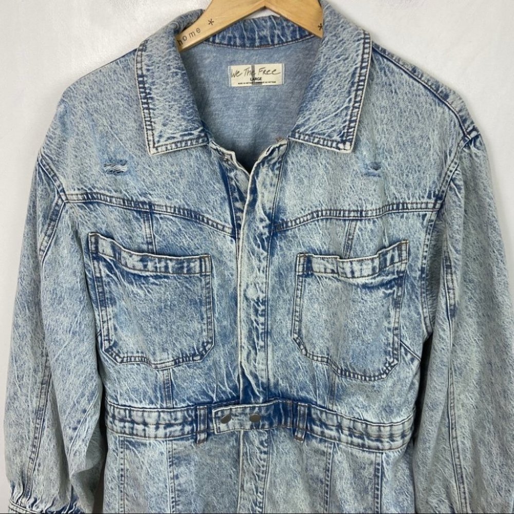 Free People Denim Dress Fringe Size Large Chain of Command Blue Jean Button Down - Picture 7 of 16